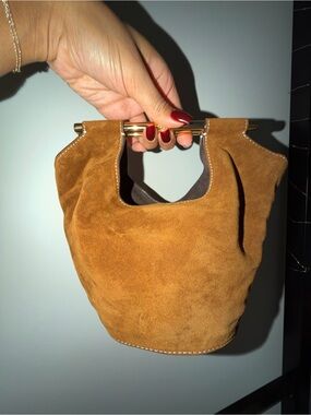 STAUD Bissett Suede Metal Handle Bag Brown Hobo